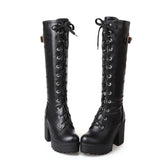 Schwarze Gothic Punk-Lederstiefel mit Schnürung und kniehoher Plateausohle